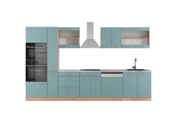 Hot Vicco R-Line Küche Blau-Grau/Goldkraft Eiche 350 cm mit HochschrankAP Marmor ohne E-Geräte Blaugrau