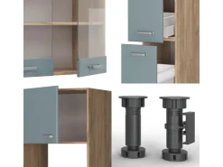 Hot Vicco R-Line Küche Blau-Grau/Goldkraft Eiche 350 cm mit HochschrankAP Marmor ohne E-Geräte Blaugrau