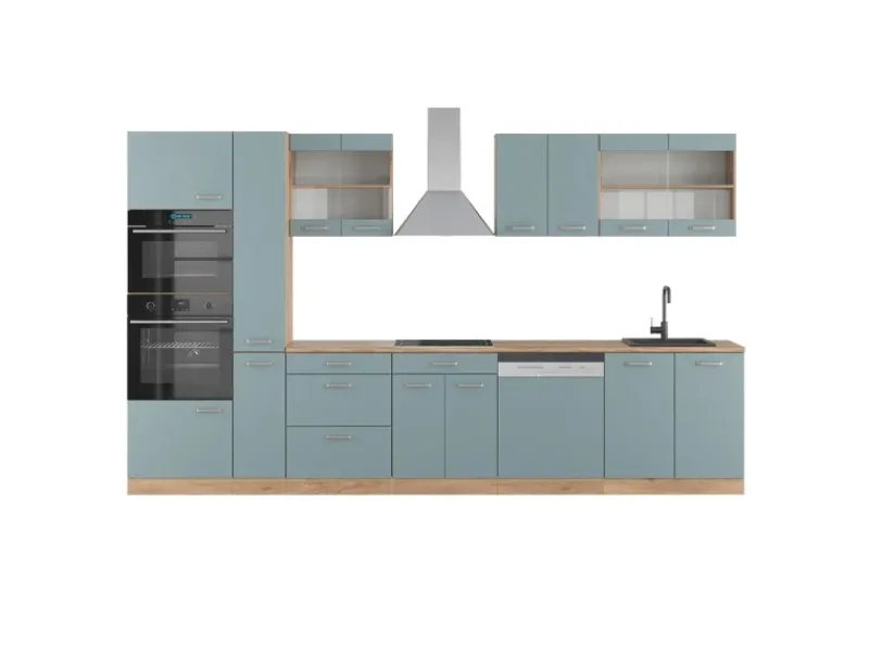 Sale Vicco R-Line Küche Blau-Grau/Goldkraft Eiche 350 cm mit Hochschrankohne Arbeitsplatte ohne E-Geräte Einbauküchen