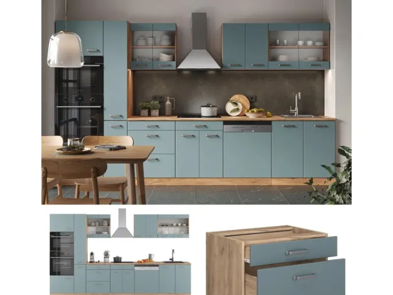 Sale Vicco R-Line Küche Blau-Grau/Goldkraft Eiche 350 cm mit Hochschrankohne Arbeitsplatte ohne E-Geräte Einbauküchen