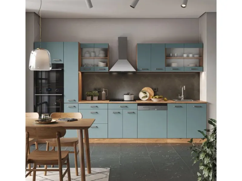 Sale Vicco R-Line Küche Blau-Grau/Goldkraft Eiche 350 cm mit Hochschrankohne Arbeitsplatte ohne E-Geräte Einbauküchen