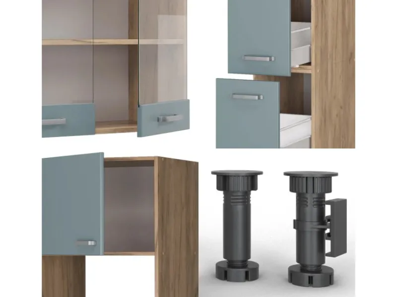 Sale Vicco R-Line Küche Blau-Grau/Goldkraft Eiche 350 cm mit Hochschrankohne Arbeitsplatte ohne E-Geräte Einbauküchen