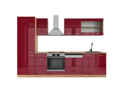 Hot Vicco R-Line Küche Bordeaux Hochglanz/Goldkraft Eiche 300 cm ohne Arbeitsplatte ohne E-Geräte Bordeaux-Glanz