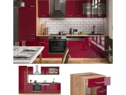 Hot Vicco R-Line Küche Bordeaux Hochglanz/Goldkraft Eiche 300 cm ohne Arbeitsplatte ohne E-Geräte Bordeaux-Glanz