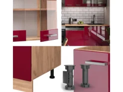 Hot Vicco R-Line Küche Bordeaux Hochglanz/Goldkraft Eiche 300 cm ohne Arbeitsplatte ohne E-Geräte Bordeaux-Glanz
