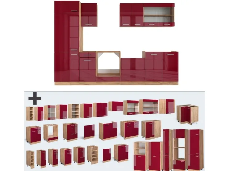 Hot Vicco R-Line Küche Bordeaux Hochglanz/Goldkraft Eiche 300 cm ohne Arbeitsplatte ohne E-Geräte Bordeaux-Glanz