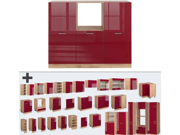 Best Vicco R-Line Küchenblock Bordeaux Hochglanz/Goldkraft Eiche 180 cm ohne Arbeitsplatte ohne E-Geräte Bordeaux-Glanz