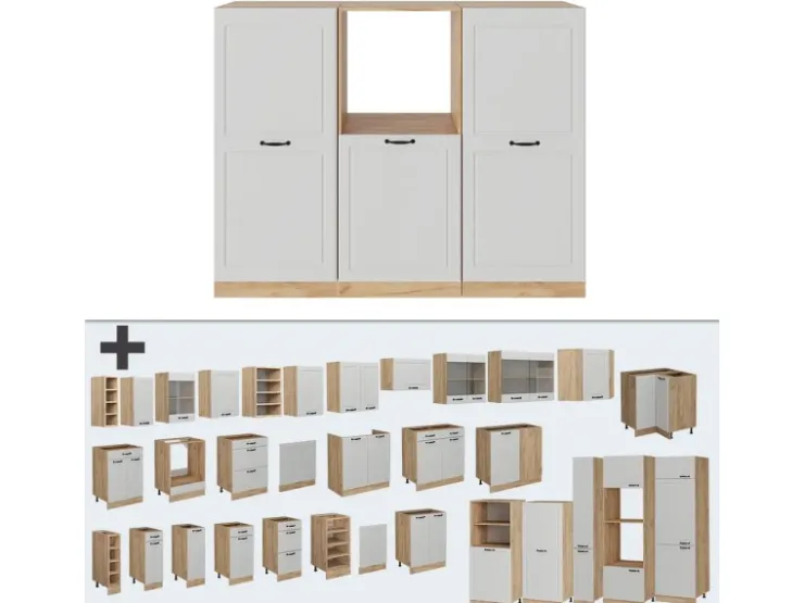 Einbauküchen<Vicco R-Line Küchenblock Weiß Landhaus/Goldkraft Eiche 180 cm ohne Arbeitsplatte ohne E-Geräte Weiß Struktur