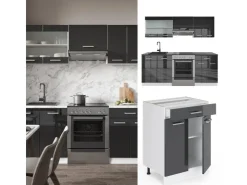 Clearance Vicco R-Line Küchenzeile /Weiß 200 cm AP Eiche ohne E-Geräte Anthrazit Hochglanz