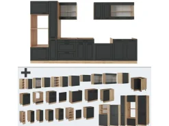 New Vicco R-Line Küchenzeile Anthrazit Landhaus/Goldkraft Eiche 350 cm AP Marmor ohne E-Geräte Anthrazit Struktur