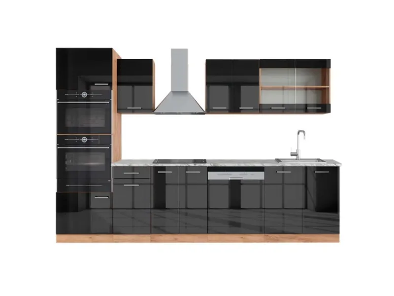 Best Vicco R-Line Küchenzeile /Goldkraft Eiche 300 cm mit HochschrankAP Marmor ohne E-Geräte Einbauküchen
