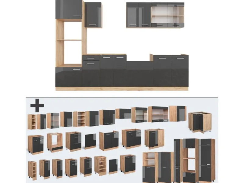 Best Vicco R-Line Küchenzeile /Goldkraft Eiche 300 cm mit HochschrankAP Marmor ohne E-Geräte Einbauküchen