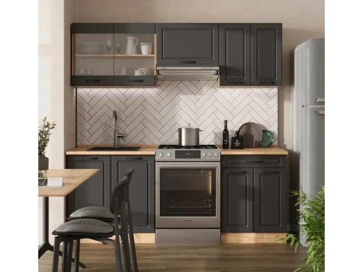 Hot Vicco R-Line Küchenzeile Anthrazit Landhaus/Goldkraft Eiche 200 cm ohne Arbeitsplatte ohne E-Geräte Anthrazit Struktur