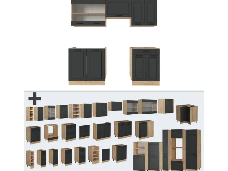 Hot Vicco R-Line Küchenzeile Anthrazit Landhaus/Goldkraft Eiche 200 cm ohne Arbeitsplatte ohne E-Geräte Anthrazit Struktur