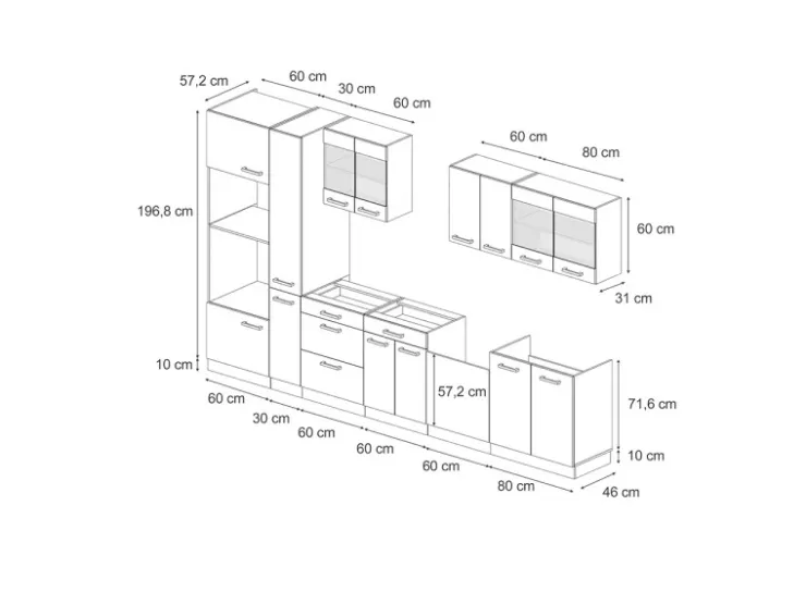 Pantryküchen<Vicco R-Line Küchenzeile /Weiß 350 cm mit Hochschrankohne Arbeitsplatte ohne E-Geräte Artisan Eiche