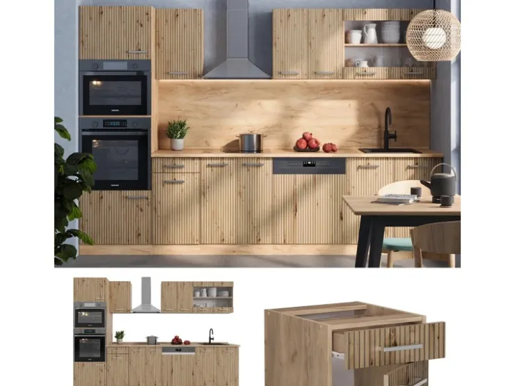 Outlet Vicco R-Line Küchenzeile Artisan-Eiche/Goldkraft Eiche 300 cm mit HochschrankAP Anthrazit ohne E-Geräte Artisan Eiche