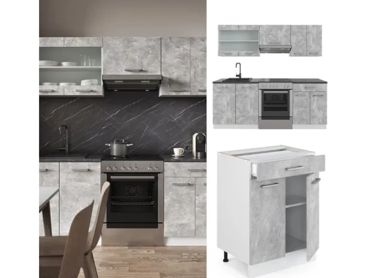 Vicco R-Line Küchenzeile Beton/Weiß 200 cm AP Anthrazit ohne E-Geräte Betongrau
