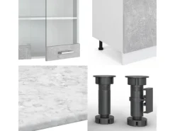Best Vicco R-Line Küchenzeile Beton/Weiß 300 cm mit HochschrankAP Eiche ohne E-Geräte Kochfelder|Kühlschränke