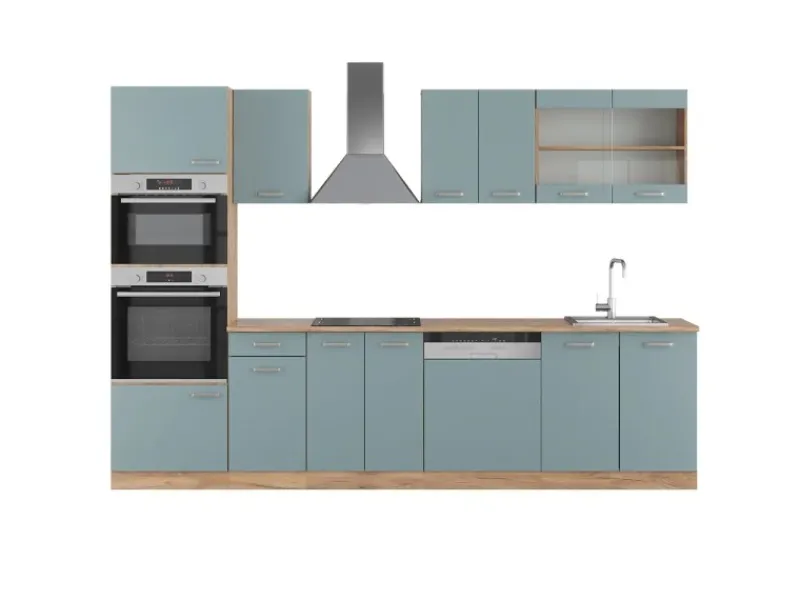 New Vicco R-Line Küchenzeile Blau-Grau/Goldkraft Eiche 300 cm mit HochschrankAP Eiche ohne E-Geräte Einbauküchen