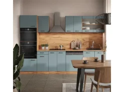New Vicco R-Line Küchenzeile Blau-Grau/Goldkraft Eiche 300 cm mit HochschrankAP Eiche ohne E-Geräte Einbauküchen