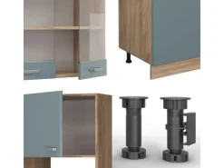 New Vicco R-Line Küchenzeile Blau-Grau/Goldkraft Eiche 300 cm mit HochschrankAP Eiche ohne E-Geräte Einbauküchen