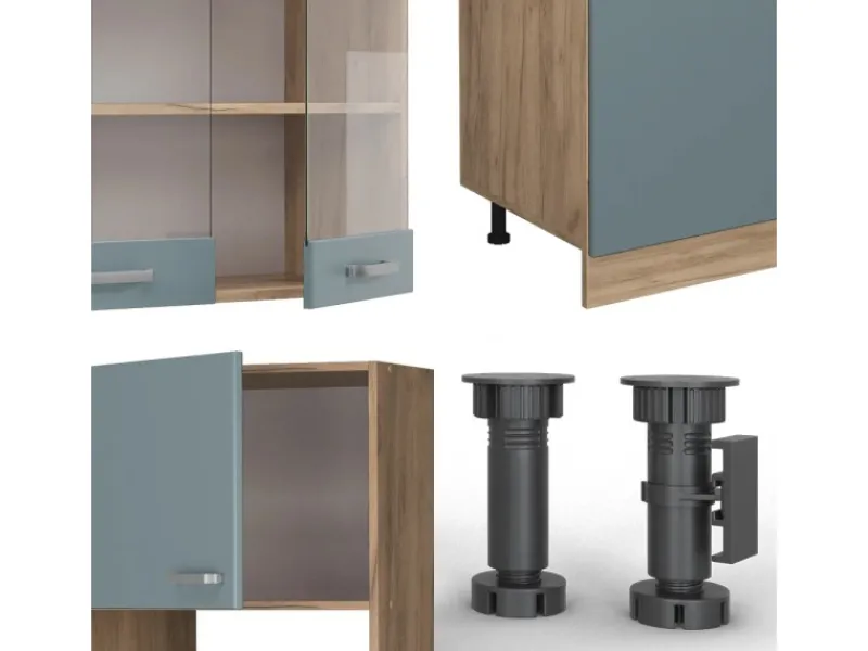 New Vicco R-Line Küchenzeile Blau-Grau/Goldkraft Eiche 300 cm mit HochschrankAP Eiche ohne E-Geräte Einbauküchen