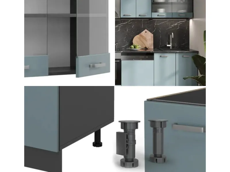 Discount Vicco R-Line Küchenzeile Blau-Grau/Anthrazit 300 cm AP Anthrazit ohne E-Geräte Einbauküchen
