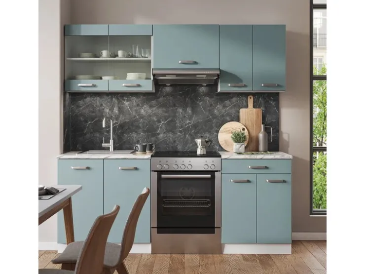 Hot Vicco R-Line Küchenzeile Blau-Grau/Weiß 200 cm ohne Arbeitsplatte ohne E-Geräte Blaugrau