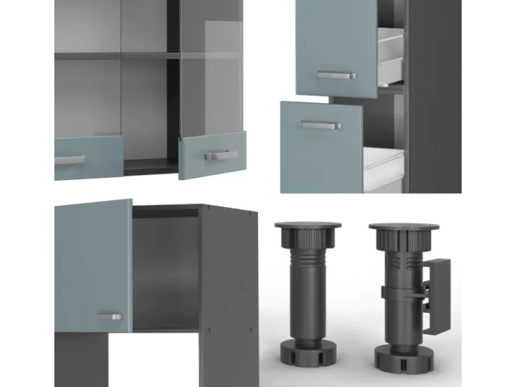 Best Vicco R-Line Küchenzeile Blau-Grau/Anthrazit 350 cm mit HochschrankAP Eiche ohne E-Geräte Blaugrau