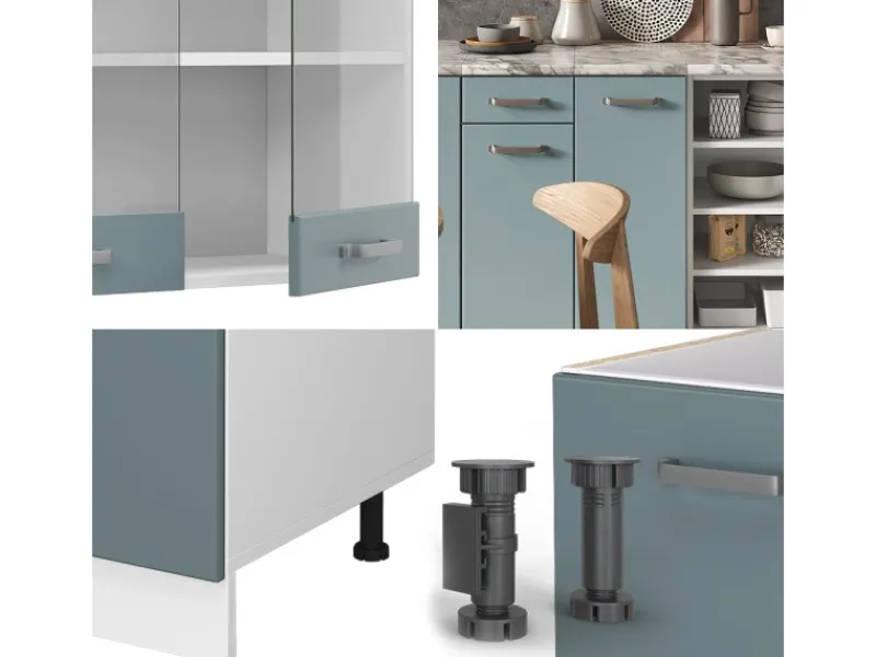 Outlet Vicco R-Line Küchenzeile Blau-Grau/Weiß 240 cm AP Anthrazit ohne E-Geräte Single-Küchen|Pantryküchen