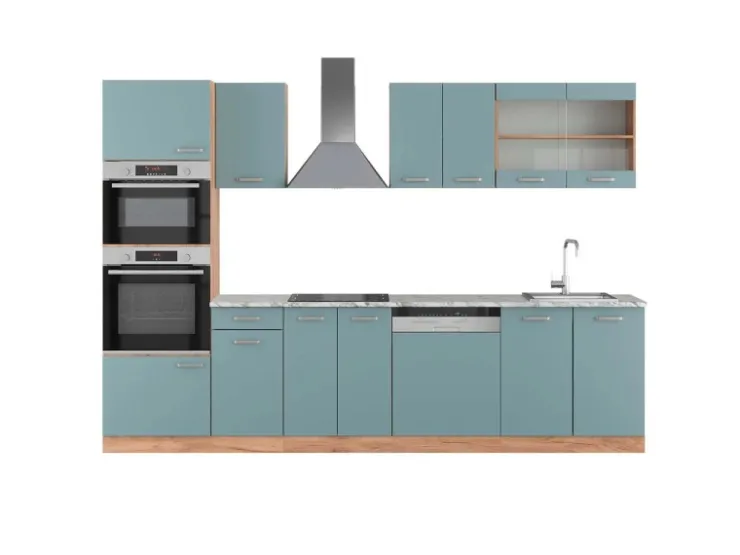Single-Küchen|Einbauküchen<Vicco R-Line Küchenzeile Blau-Grau/Goldkraft Eiche 300 cm mit HochschrankAP Marmor ohne E-Geräte Blaugrau