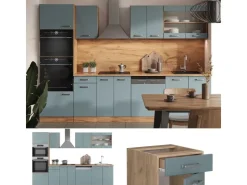 Single-Küchen|Einbauküchen<Vicco R-Line Küchenzeile Blau-Grau/Goldkraft Eiche 300 cm mit HochschrankAP Marmor ohne E-Geräte Blaugrau