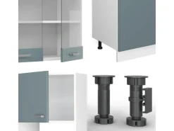 Outlet Vicco R-Line Küchenzeile Blau-Grau 300 cm mit HochschrankAP Marmor ohne E-Geräte Herde|Kühlschränke