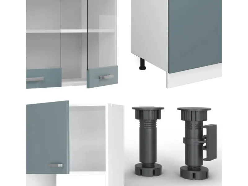Outlet Vicco R-Line Küchenzeile Blau-Grau 300 cm mit HochschrankAP Marmor ohne E-Geräte Herde|Kühlschränke