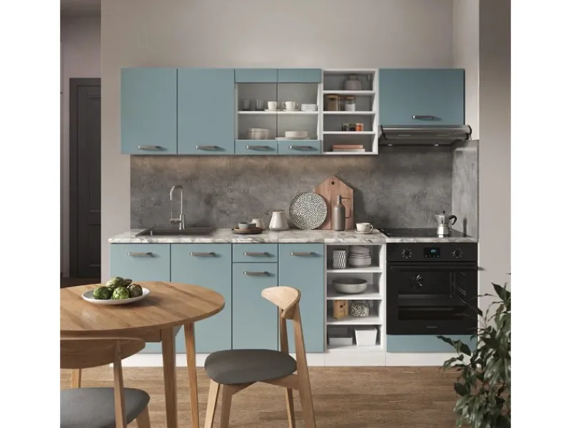 Discount Vicco R-Line Küchenzeile Blau-Grau 240 cm AP Marmor ohne E-Geräte Zubehör Für Küchenarmatur