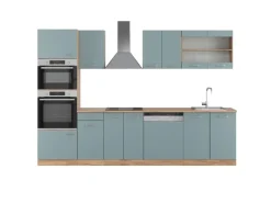 Clearance Vicco R-Line Küchenzeile Blau-Grau/Goldkraft Eiche 300 cm mit Hochschrankohne Arbeitsplatte ohne E-Geräte Blaugrau
