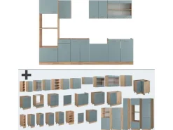 Clearance Vicco R-Line Küchenzeile Blau-Grau/Goldkraft Eiche 300 cm mit Hochschrankohne Arbeitsplatte ohne E-Geräte Blaugrau