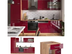 Hot Vicco R-Line Küchenzeile Bordeaux Hochglanz/Goldkraft Eiche 300 cm AP Anthrazit ohne E-Geräte Einbauküchen