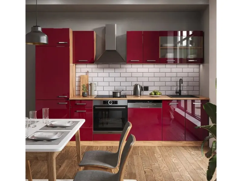 Hot Vicco R-Line Küchenzeile Bordeaux Hochglanz/Goldkraft Eiche 300 cm AP Anthrazit ohne E-Geräte Einbauküchen
