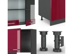Best Vicco R-Line Küchenzeile Bordeaux Hochglanz/Anthrazit 300 cm mit HochschrankAP Marmor ohne E-Geräte Einbauküchen