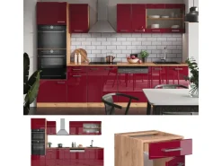 Outlet Vicco R-Line Küchenzeile Bordeaux Hochglanz/Goldkraft Eiche 300 cm mit HochschrankAP Anthrazit ohne E-Geräte Bordeaux-Glanz