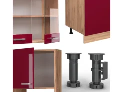 Outlet Vicco R-Line Küchenzeile Bordeaux Hochglanz/Goldkraft Eiche 300 cm mit HochschrankAP Anthrazit ohne E-Geräte Bordeaux-Glanz