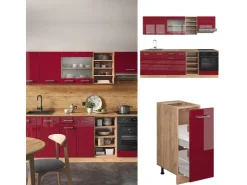 Einbauküchen<Vicco R-Line Küchenzeile Bordeaux Hochglanz/Goldkraft Eiche 240 cm AP Marmor ohne E-Geräte Bordeaux-Glanz