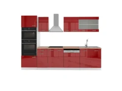 Hot Vicco R-Line Küchenzeile Bordeaux Hochglanz/Weiß 300 cm mit HochschrankAP Eiche ohne E-Geräte Einbauküchen