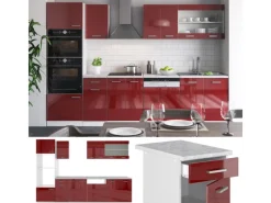 Hot Vicco R-Line Küchenzeile Bordeaux Hochglanz/Weiß 300 cm mit HochschrankAP Eiche ohne E-Geräte Einbauküchen