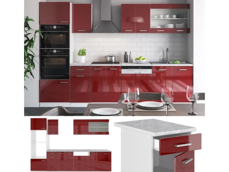 Hot Vicco R-Line Küchenzeile Bordeaux Hochglanz/Weiß 300 cm mit HochschrankAP Eiche ohne E-Geräte Einbauküchen