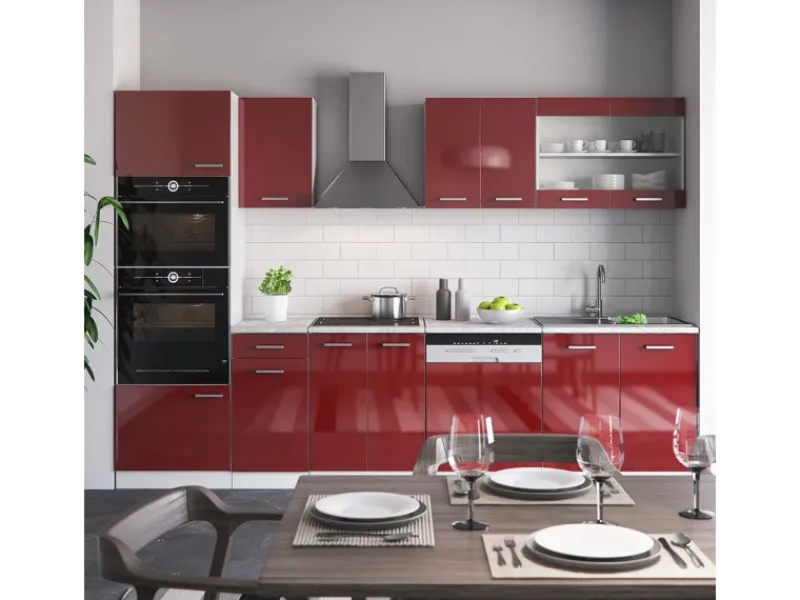 Hot Vicco R-Line Küchenzeile Bordeaux Hochglanz/Weiß 300 cm mit HochschrankAP Eiche ohne E-Geräte Einbauküchen