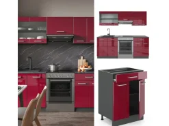 Kochfelder|Kühlschränke<Vicco R-Line Küchenzeile Bordeaux Hochglanz/Anthrazit 200 cm ohne Arbeitsplatte ohne E-Geräte Brilliant Bordeaux