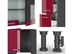 Vicco R-Line Küchenzeile Bordeaux Hochglanz/Anthrazit 350 cm mit Hochschrankohne Arbeitsplatte ohne E-Geräte Kochfelder|Küchenschränke