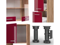 Outlet Vicco R-Line Küchenzeile Bordeaux Hochglanz/Goldkraft Eiche 350 cm mit Hochschrankohne Arbeitsplatte ohne E-Geräte Zubehör Für Küchenarmatur
